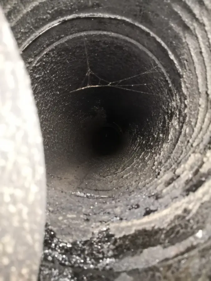Chimney flue before sweeping — heavy creosote buildup